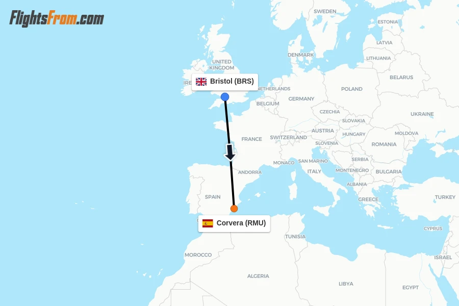 Flights from Bristol to Corvera route map