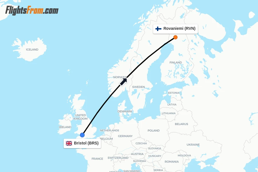 Flights from Bristol to Rovaniemi route map