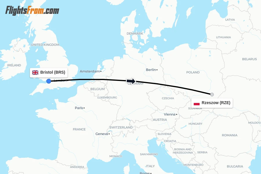 Flights from Bristol to Rzeszow route map