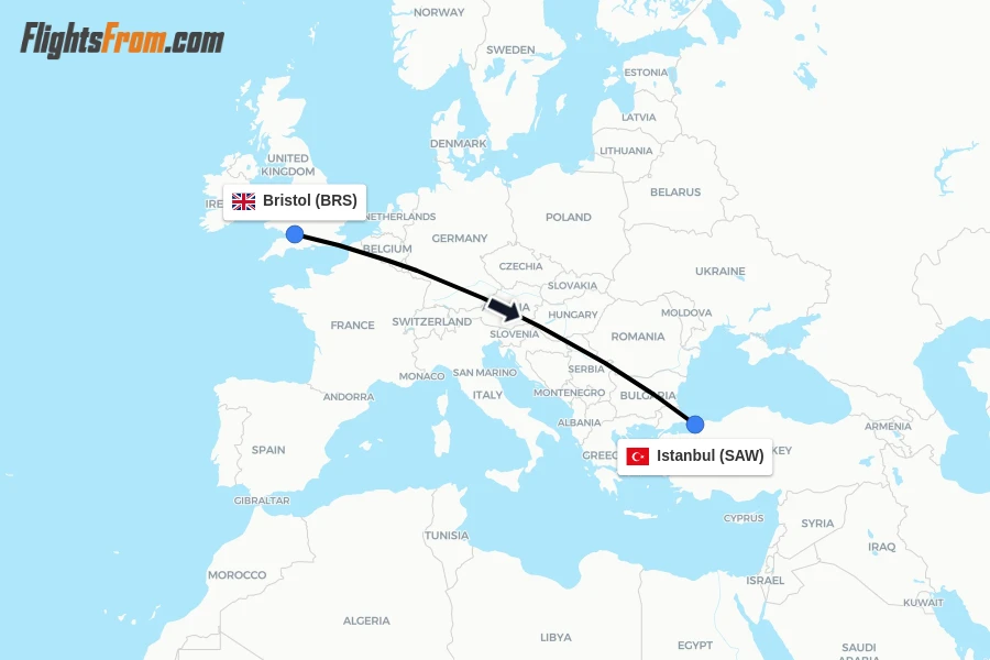 Flights from Bristol to Istanbul route map