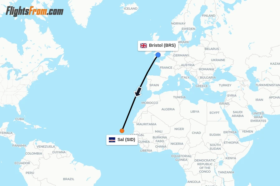 Flights from Bristol to Sal route map