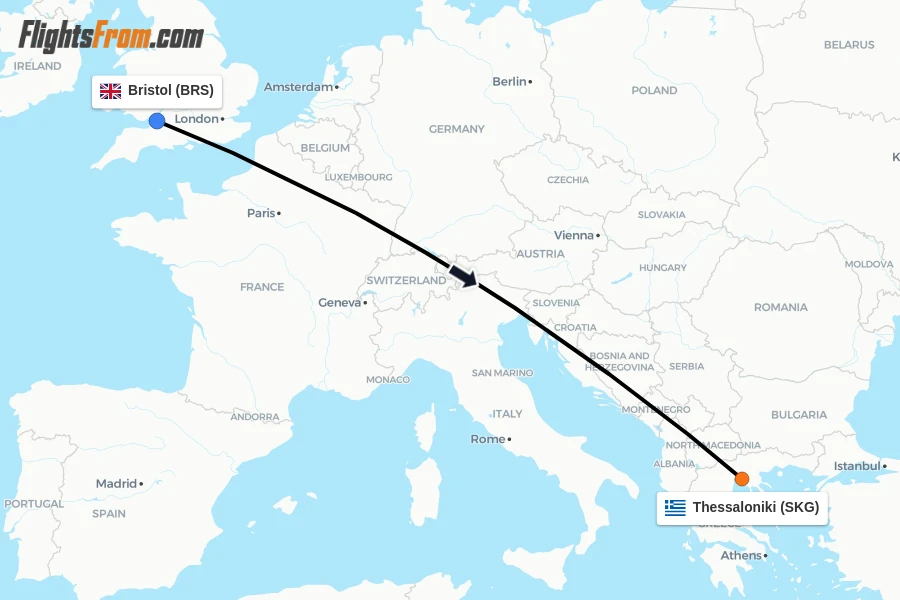 Flights from Bristol to Thessaloniki route map