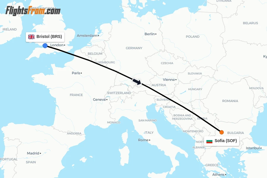 Flights from Bristol to Sofia route map