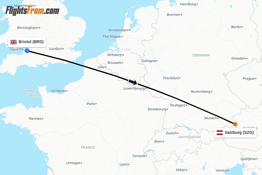 Flights from Bristol to Salzburg route map
