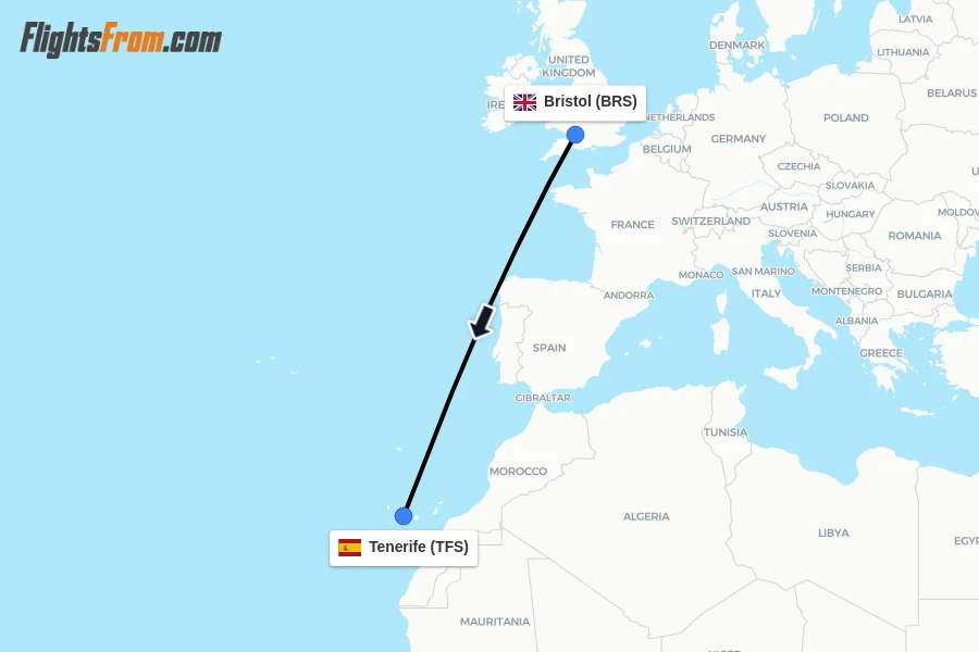 Flights from Bristol to Tenerife route map