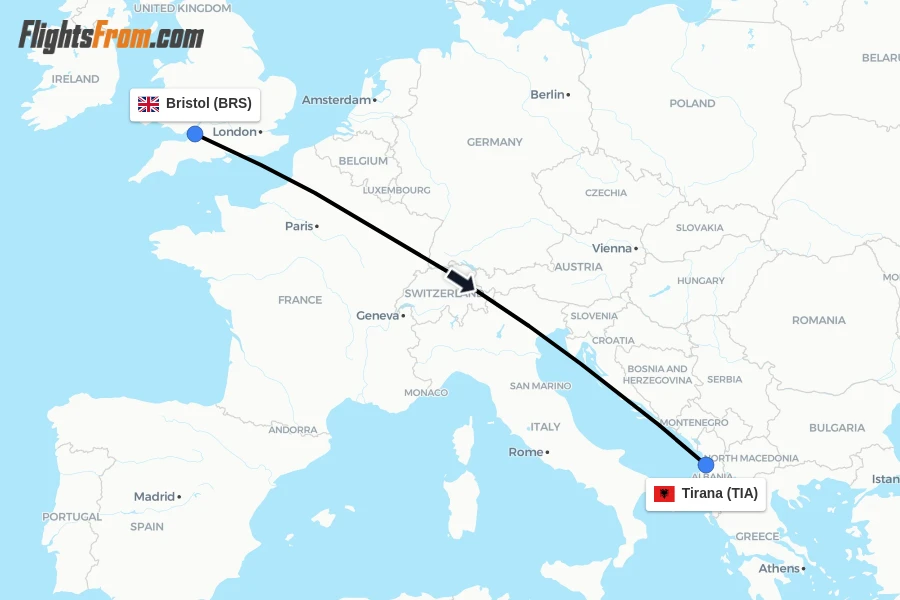 Flights from Bristol to Tirana route map