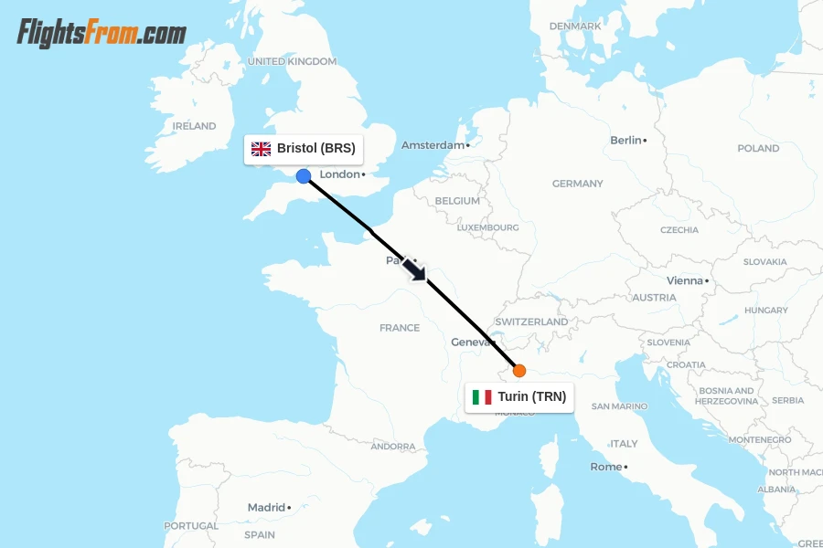 Flights from Bristol to Turin route map