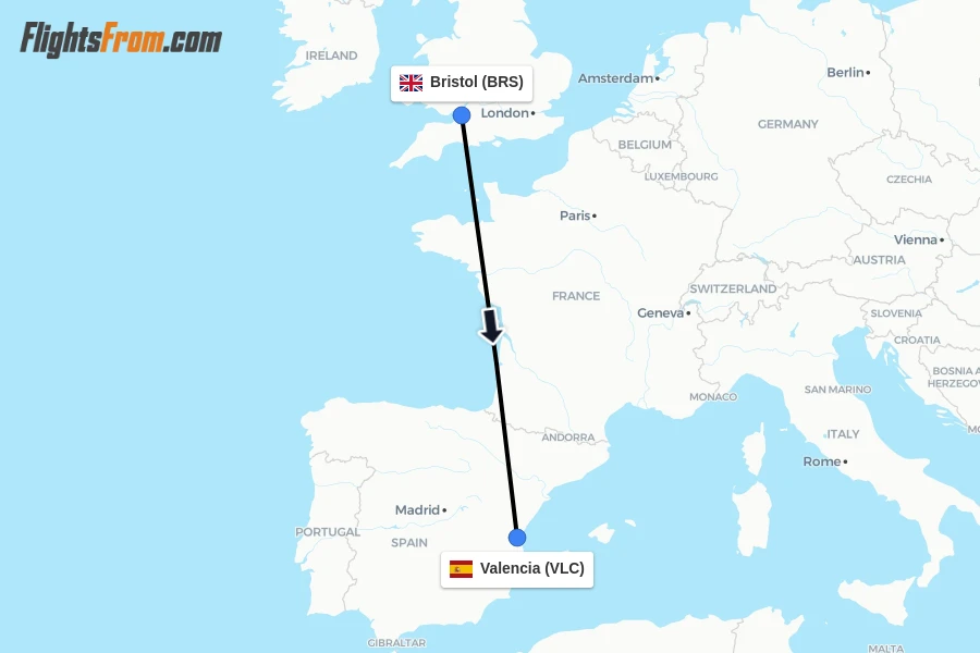 Flights from Bristol to Valencia route map