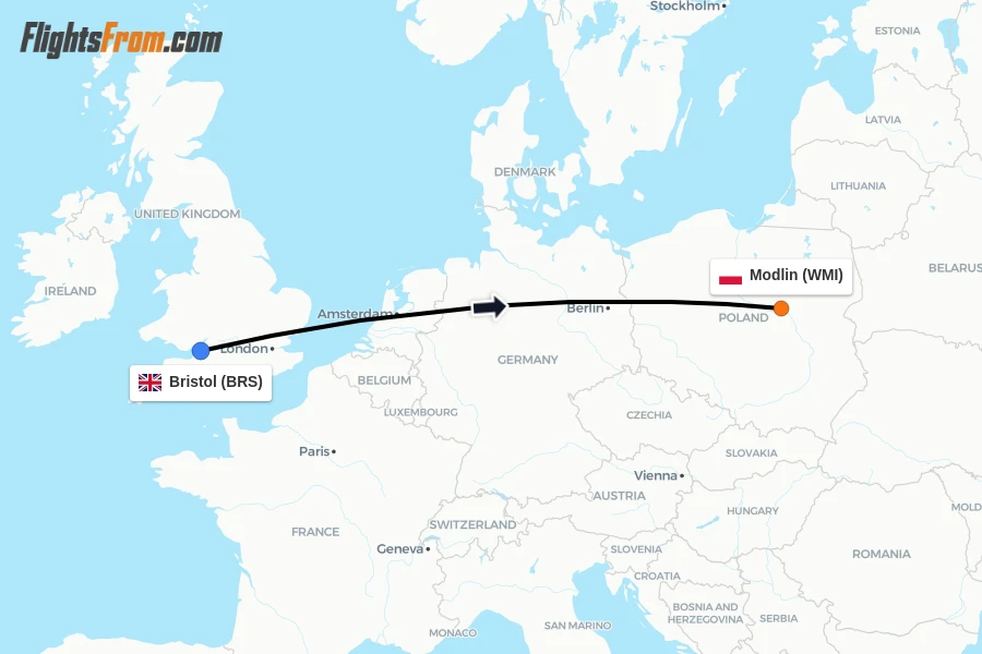 Flights from Bristol to Modlin route map