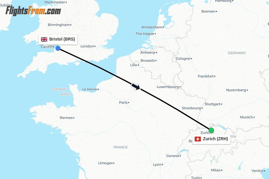 Flights from Bristol to Zurich route map