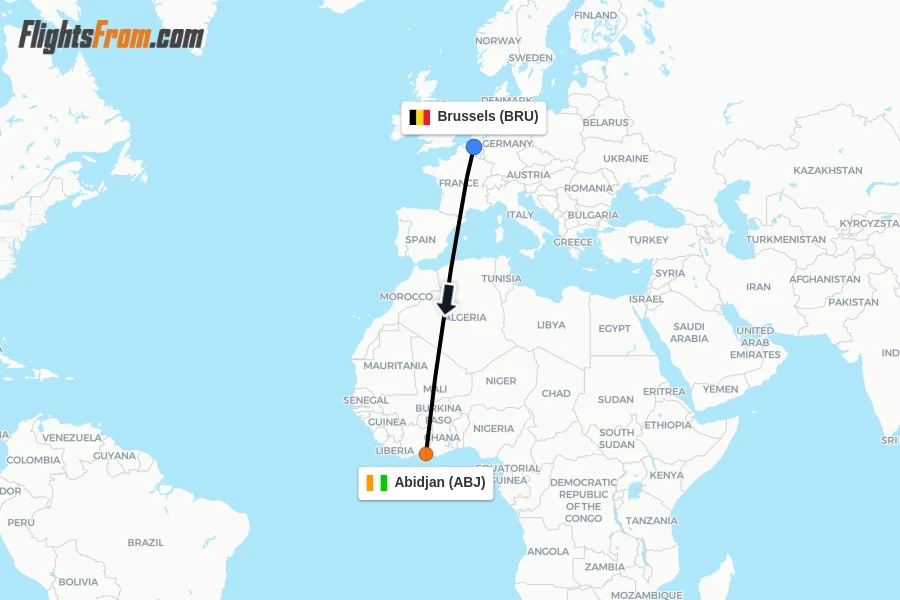 Flights from Brussels to Abidjan route map
