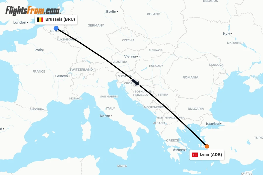 Flights from Brussels to Izmir route map