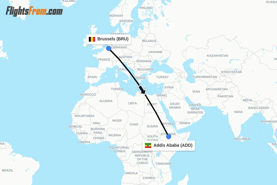 Flights from Brussels to Addis Ababa route map