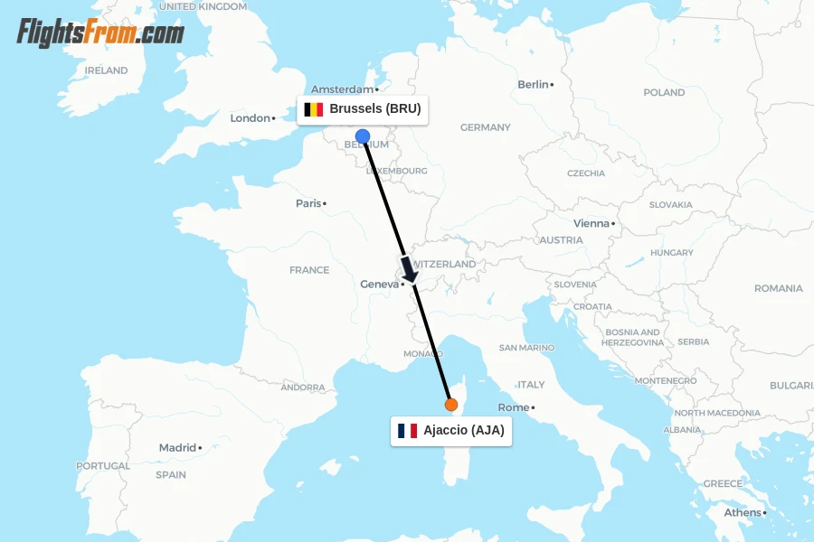 Flights from Brussels to Ajaccio route map