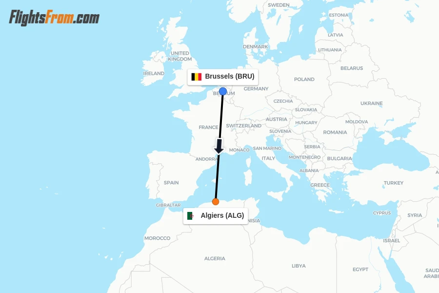 Flights from Brussels to Algiers route map