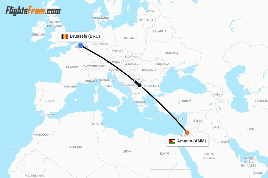 Flights from Brussels to Amman route map