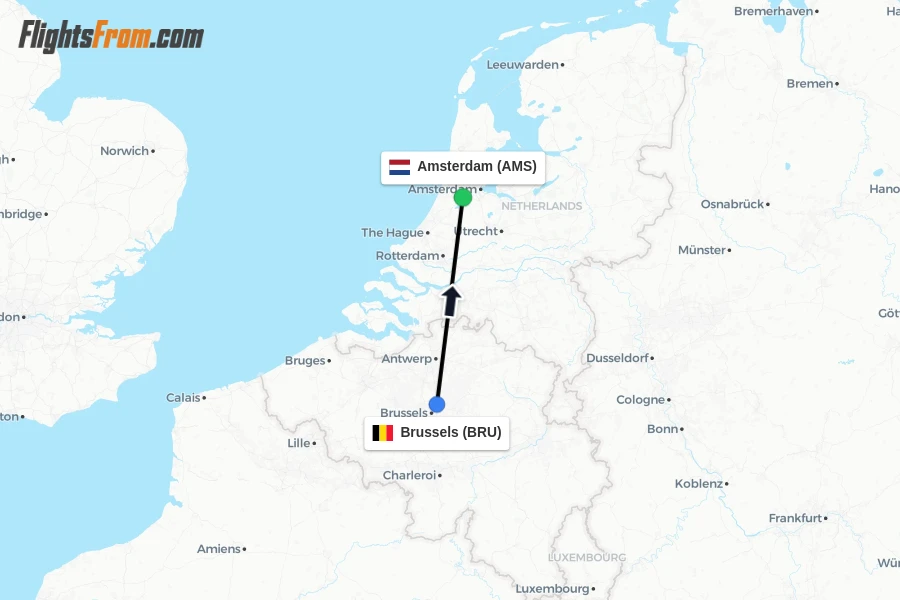 Flights from Brussels to Amsterdam route map