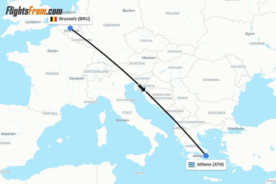 Flights from Brussels to Athens route map
