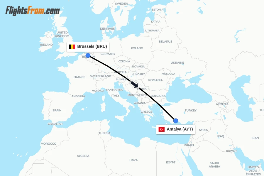 Flights from Brussels to Antalya route map
