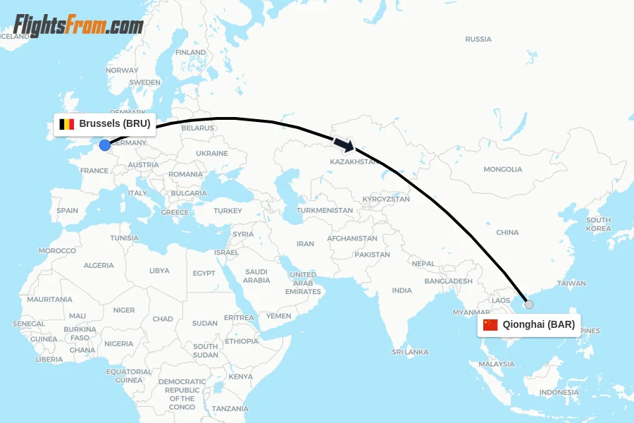 Flights from Brussels to Qionghai route map