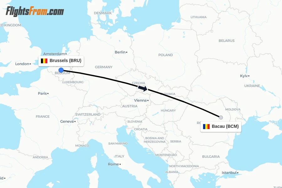Flights from Brussels to Bacau route map