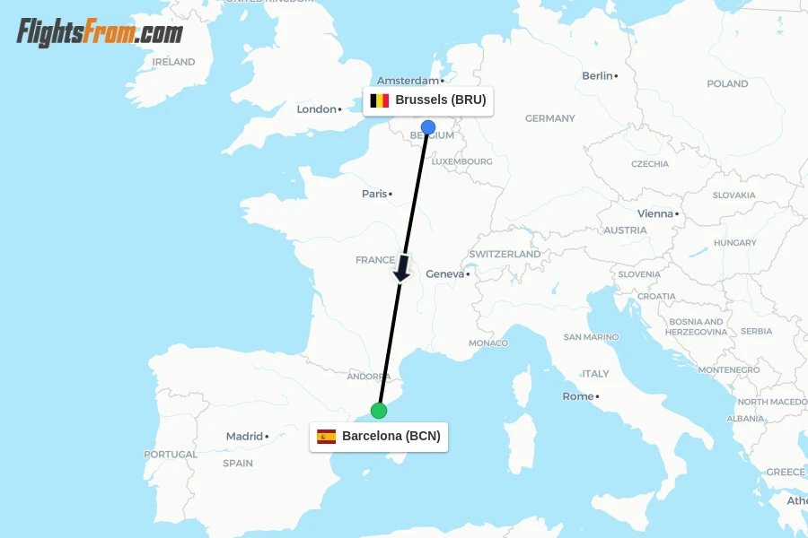 Flights from Brussels to Barcelona route map