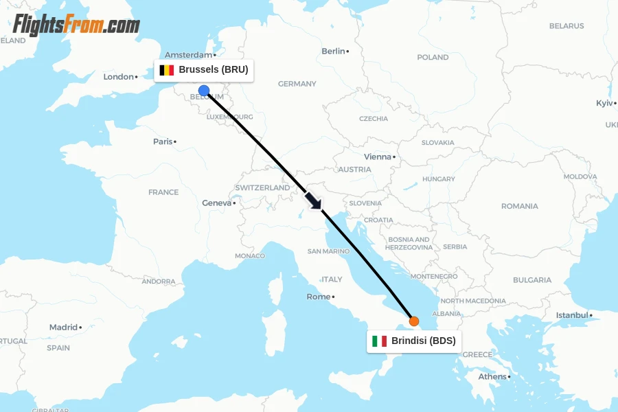 Flights from Brussels to Brindisi route map