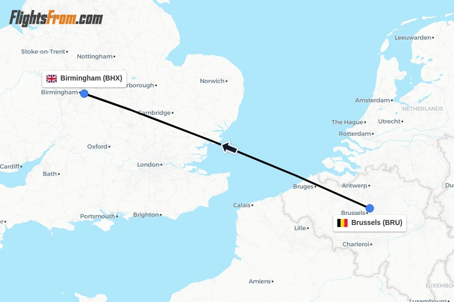 Flights from Brussels to Birmingham route map