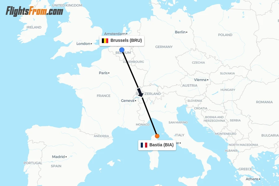 Flights from Brussels to Bastia route map