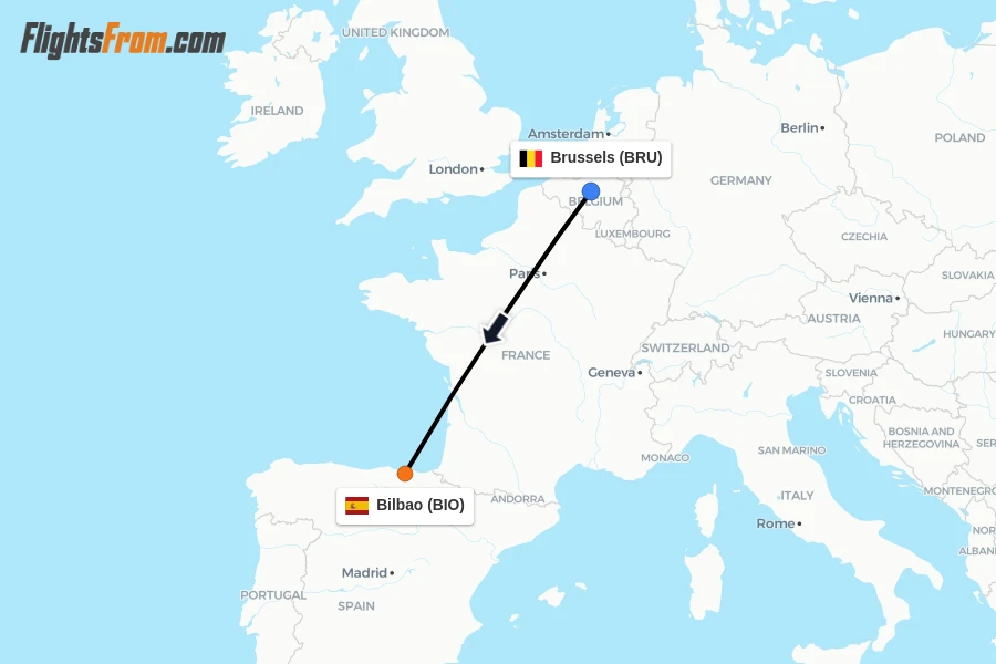Flights from Brussels to Bilbao route map