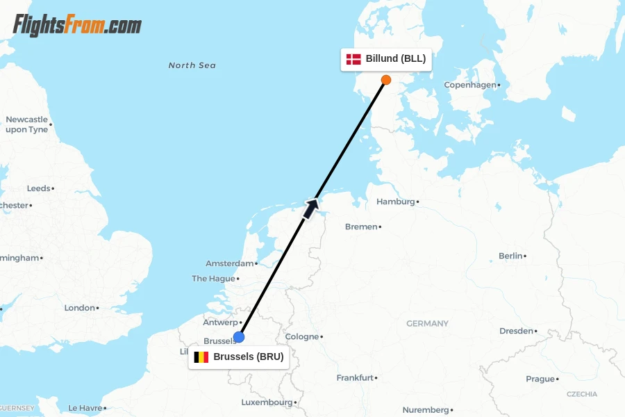 Flights from Brussels to Billund route map