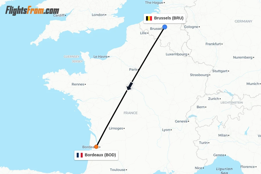 Flights from Brussels to Bordeaux route map
