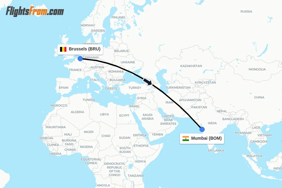 Flights from Brussels to Mumbai route map