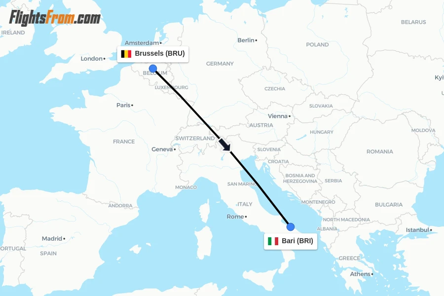 Flights from Brussels to Bari route map