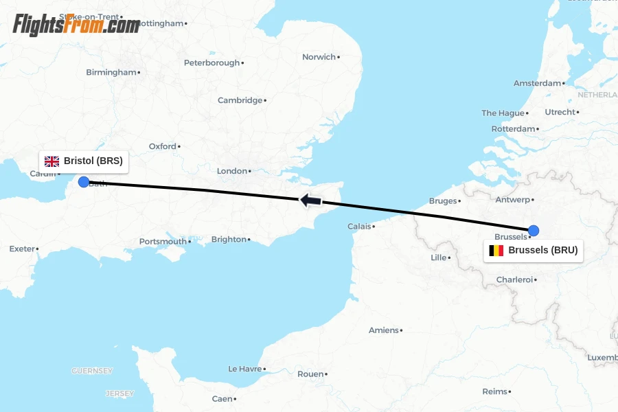 Flights from Brussels to Bristol route map