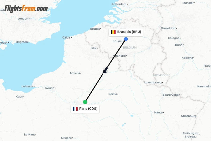 Flights from Brussels to Paris route map