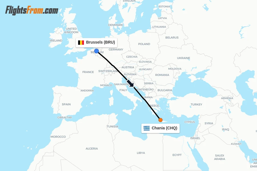 Flights from Brussels to Chania route map
