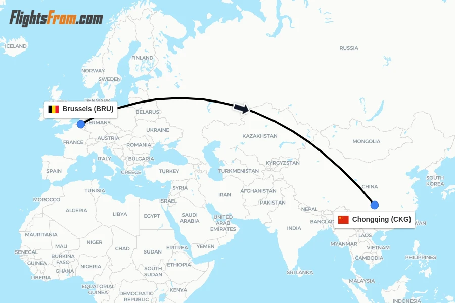 Flights from Brussels to Chongqing route map