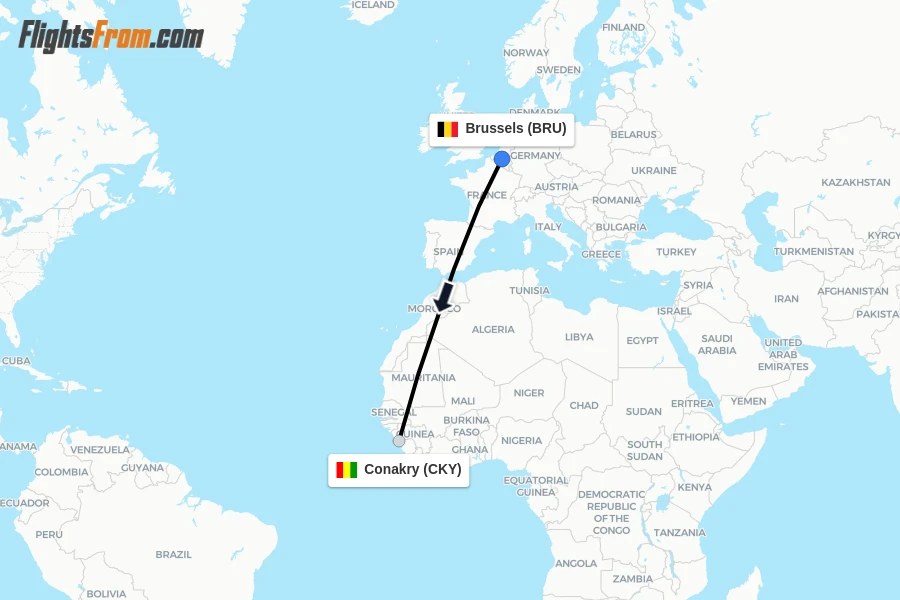 Flights from Brussels to Conakry route map