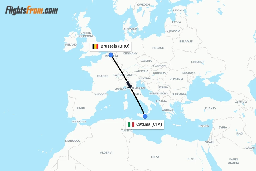 Flights from Brussels to Catania route map
