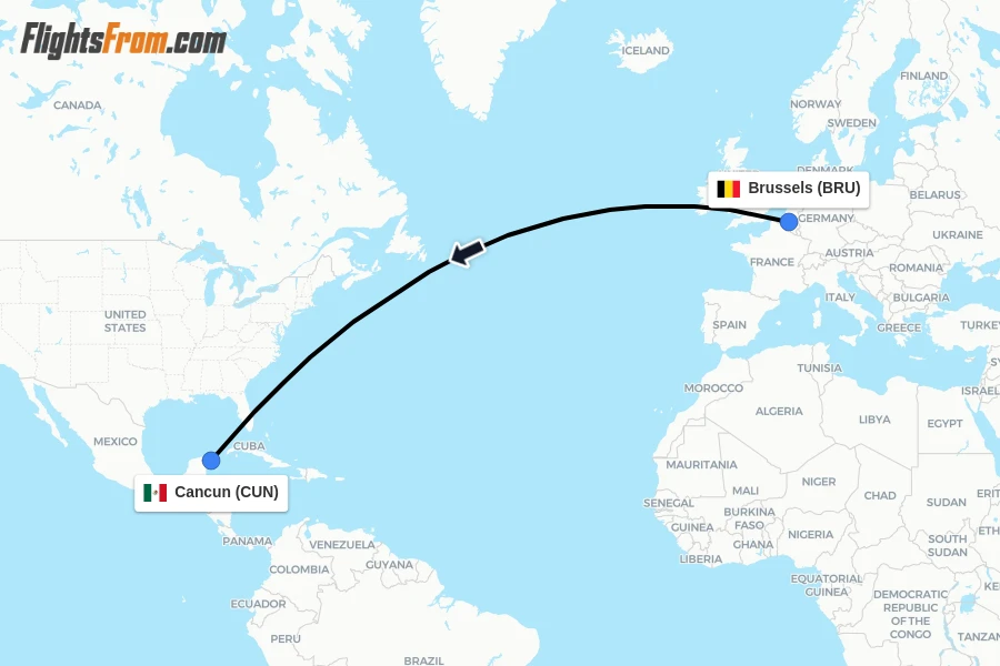 Flights from Brussels to Cancun route map