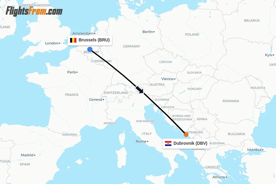 Flights from Brussels to Dubrovnik route map