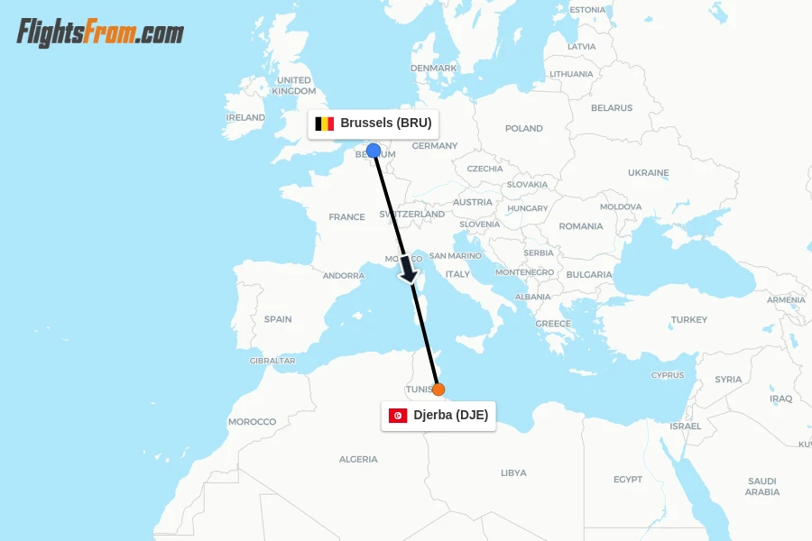 Flights from Brussels to Djerba route map