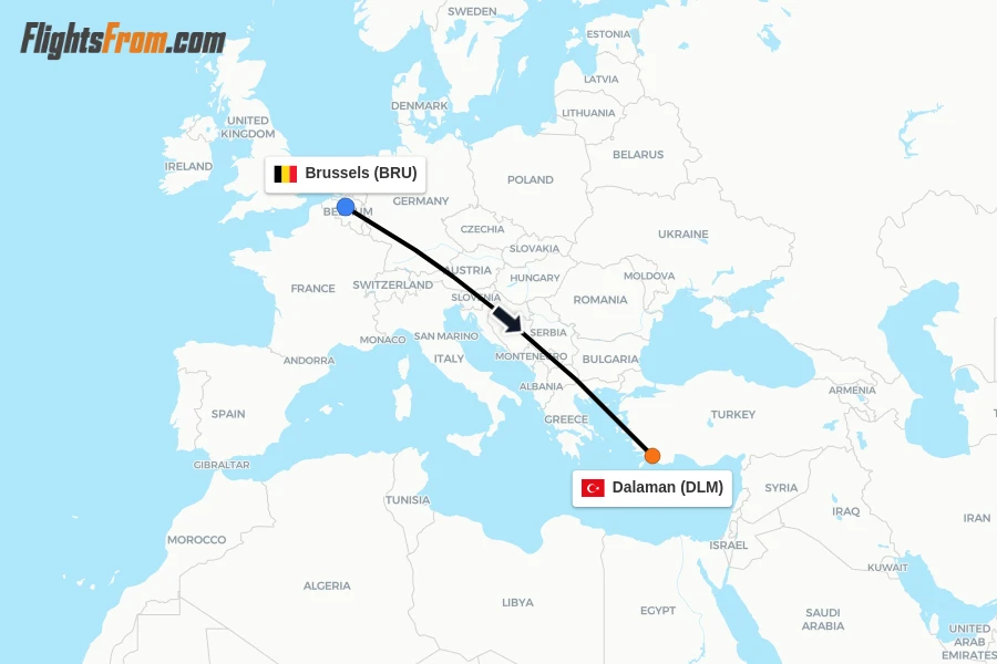 Flights from Brussels to Dalaman route map