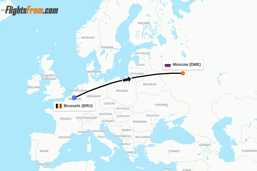 Flights from Brussels to Moscow route map
