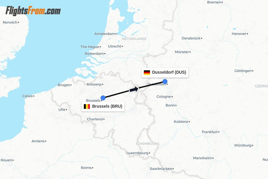Flights from Brussels to Dusseldorf route map