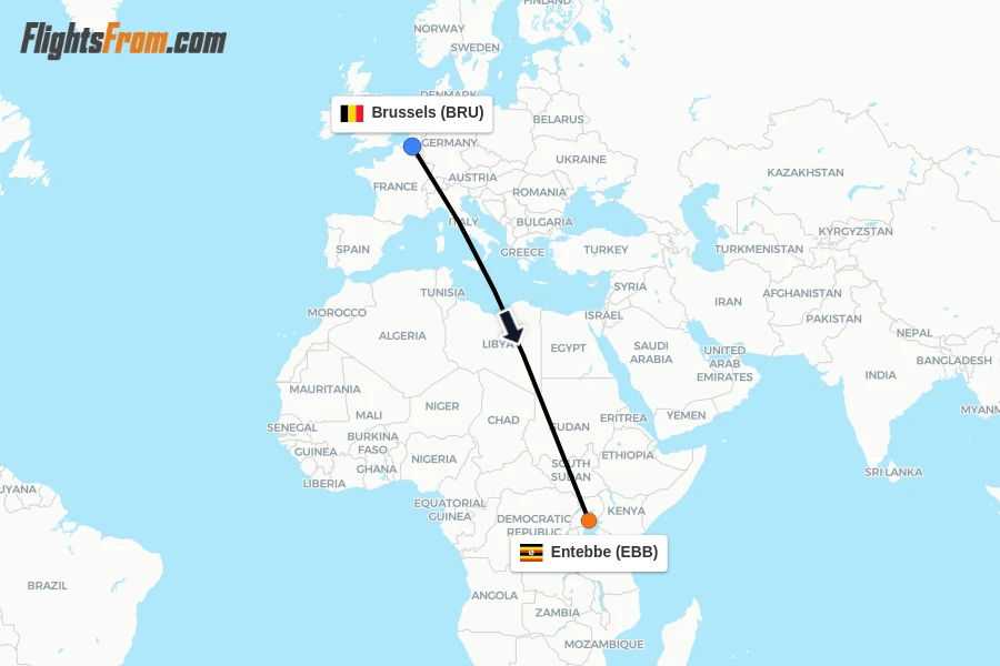 Flights from Brussels to Entebbe route map