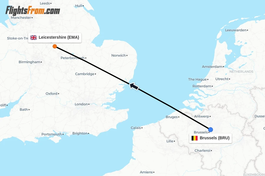 Flights from Brussels to Leicestershire route map