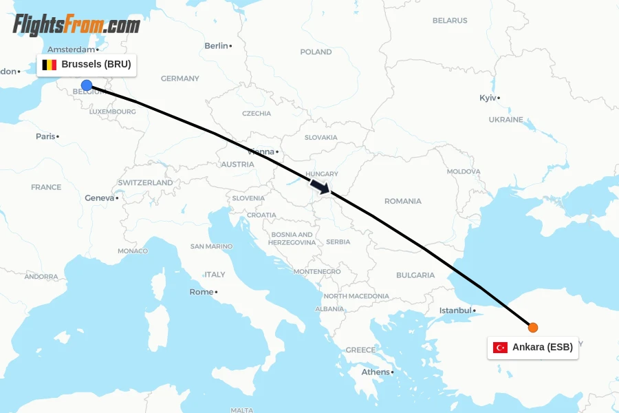 Flights from Brussels to Ankara route map