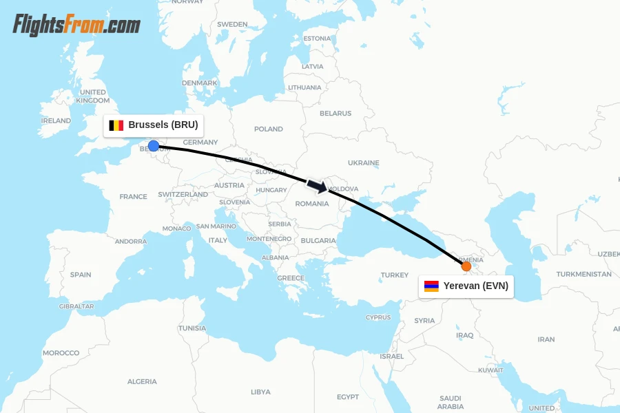 Flights from Brussels to Yerevan route map
